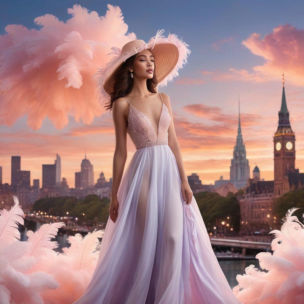 A dreamy fashion scene, showcasing a model in an elegant, flowing gown surrounded by whimsical elements like floating feathers and pastel-colored clouds. Capture a blend of chic and whimsical styles, with an enchanting backdrop of a sparkling city skyline at dusk. Incorporate stylish accessories like wide-brimmed hats and statement jewelry. soft focus, magical light, pastel colors, fantasy art.