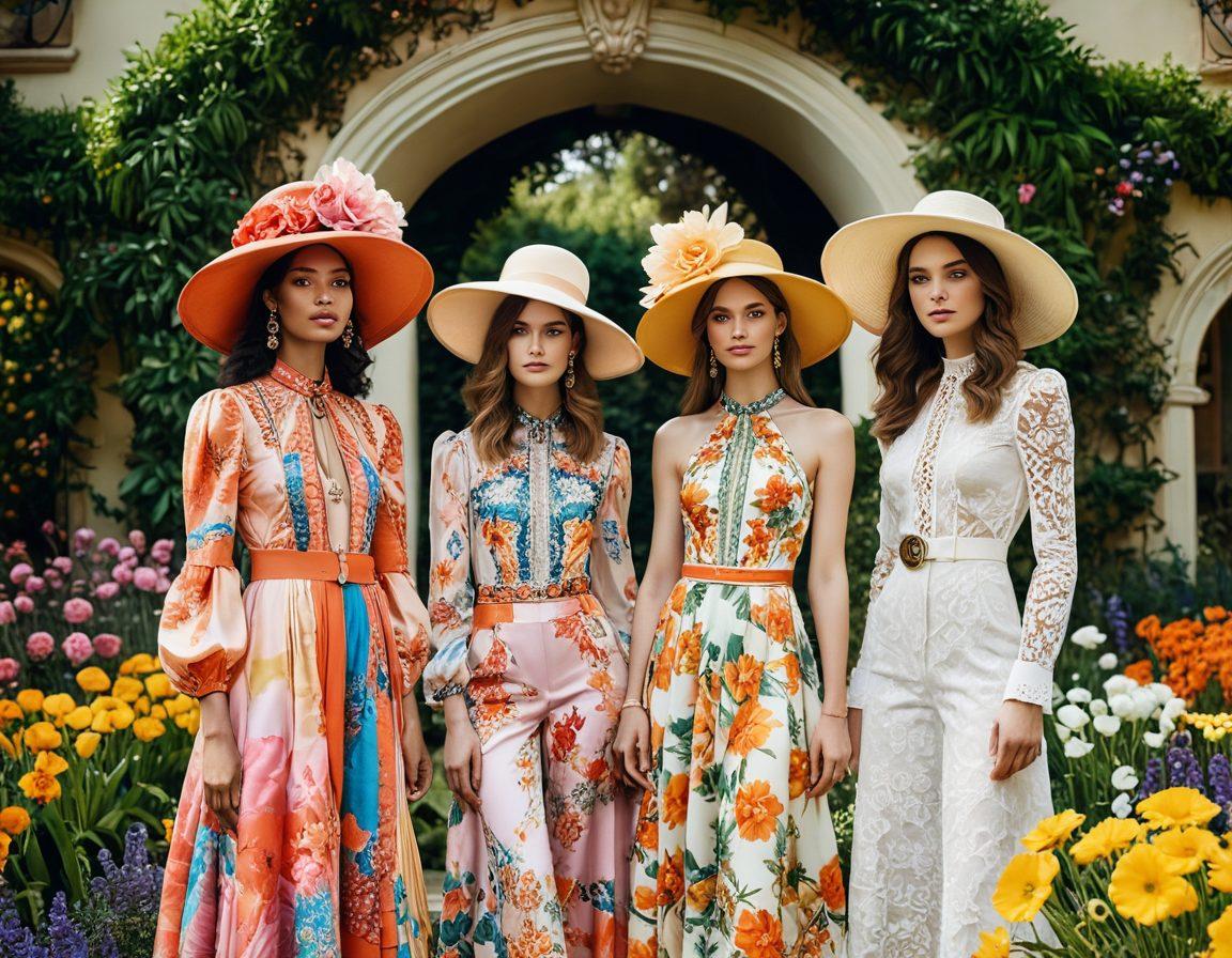 A whimsical fashion scene featuring diverse models adorned in unique, playful outfits, showcasing vibrant patterns and textures. The background is an ornate garden with colorful flowers and elegant arches, adding charm and depth. Soft sunlight spills over the scene, illuminating the intricate details of the clothing, while playful accessories like oversized hats and whimsical jewelry enhance the elegance. The overall atmosphere is a blend of sophistication and joyful creativity. vibrant colors. super-realistic. ethereal touch.